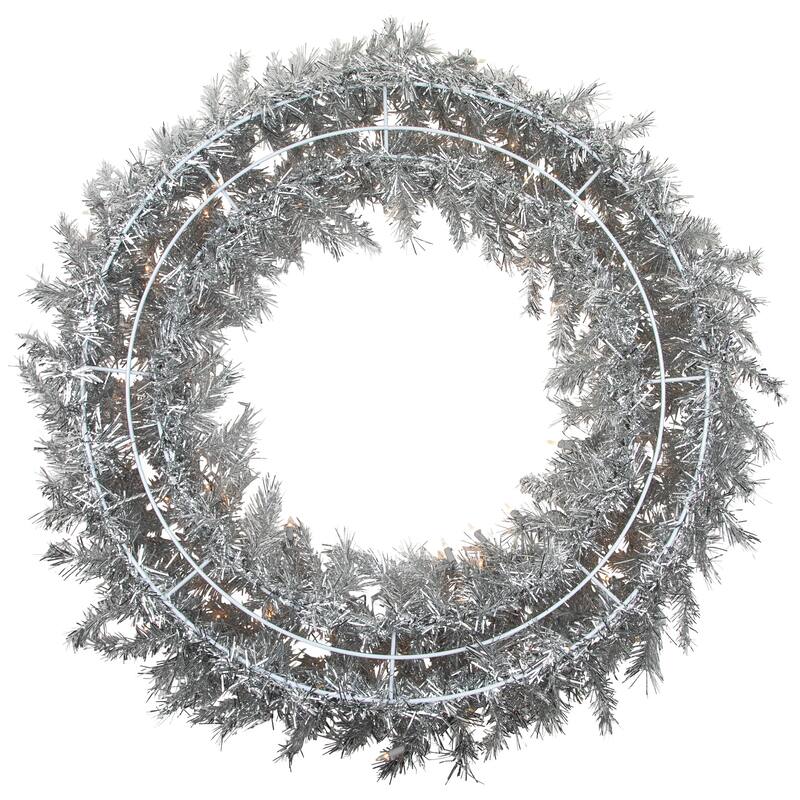 36" Pre-Lit Silver Tinsel Artificial Christmas Wreath, Clear Lights