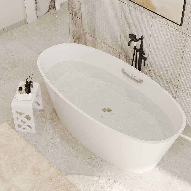 63 in. x 30 in. Solid Surface Stone Resin Freestanding Soaking Bathtub in. White with Tub Grab Bar and Drain Assembly