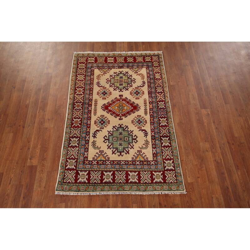 Geometric Beige Kazak Accent Rug Hand-Knotted Wool Carpet - 3'3" x 5'1"