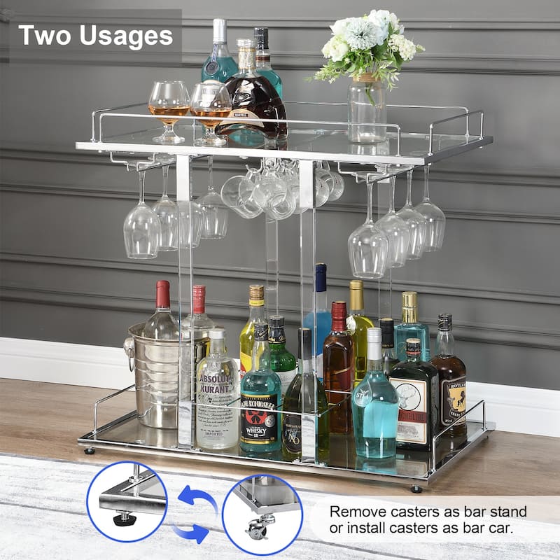 Hausfame Home Bars Cart Glass Metal Chrome Clear Modern Wine Rack N/A