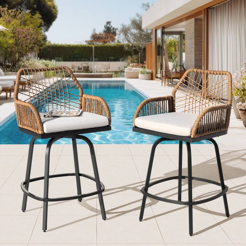 2-Piece Twisted Rattan Patio Bar Stools Set with Cushions, Swivel Design - Beige