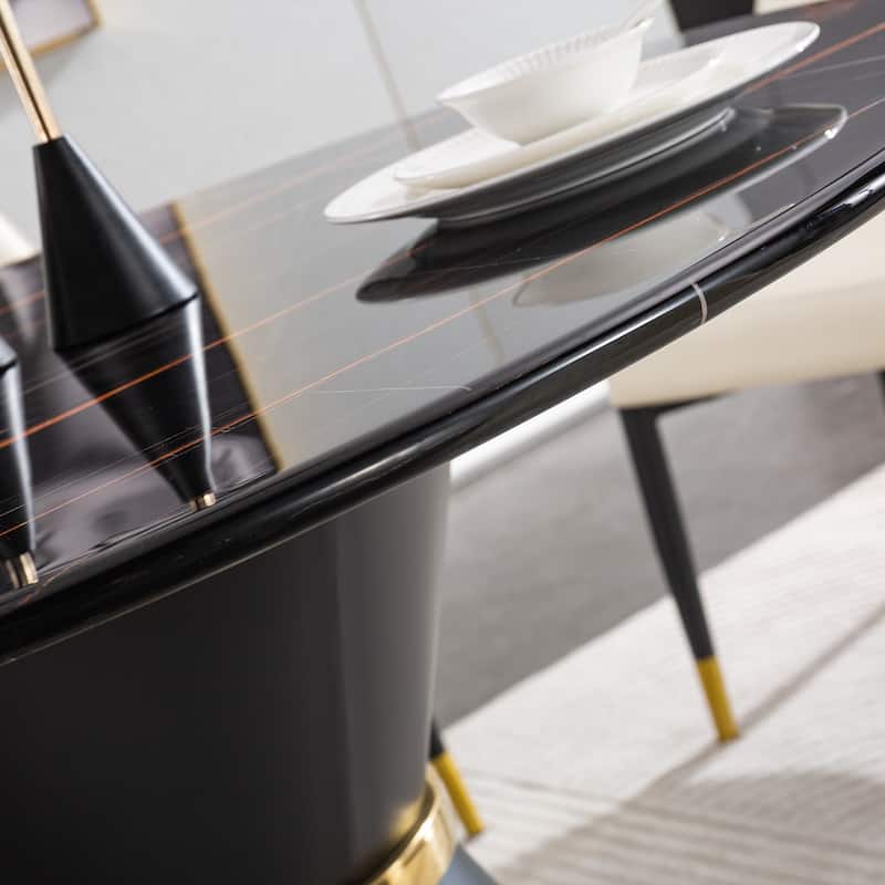 Black Marble Printed MDF Round Dining Table, Black Columnar Base with Gold Annulus(Not Including Chairs) - N/A
