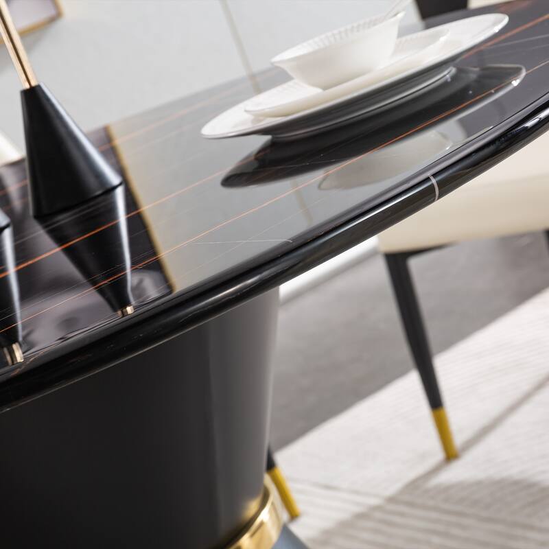Marble Printed MDF Round Dining Table, Black Columnar Base with Gold Annulus(Not Including Chairs)