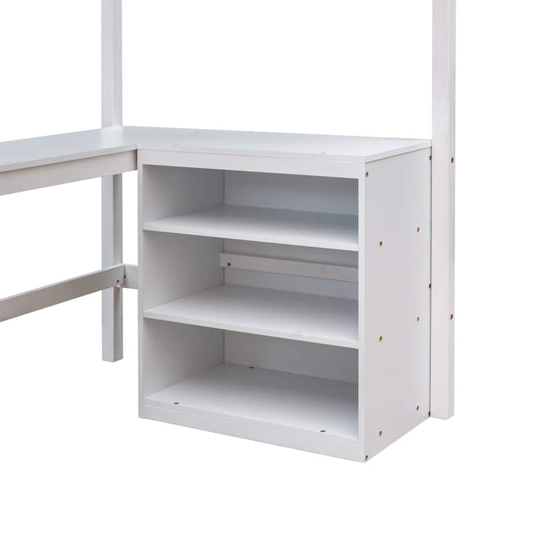Twin Size Loft Bed with Shelves and Built-in Desk, Wooden Loft Bed with Ladder and Safety Guardrail for Student Boys Girls