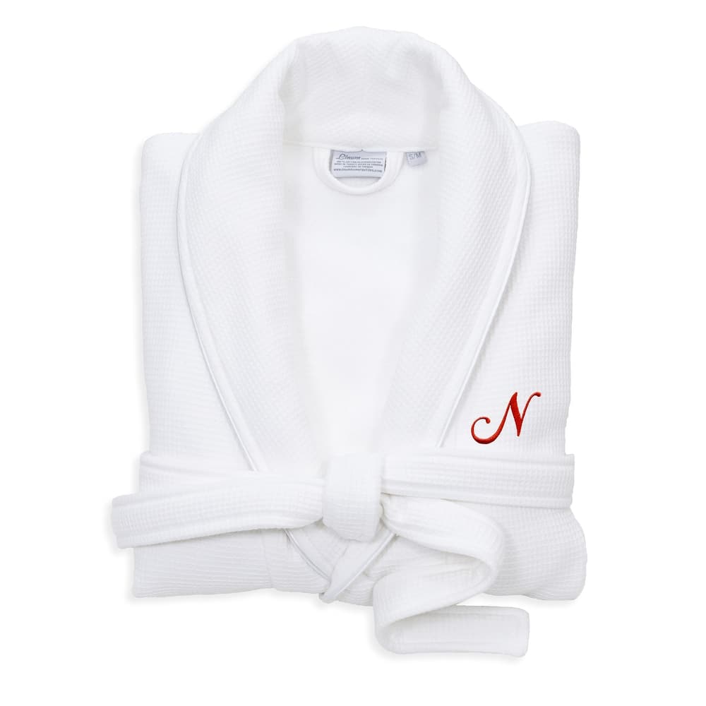 Authentic Hotel and Spa White Unisex Turkish Cotton Waffle Weave Terry Bath Robe with Red Script Monogram