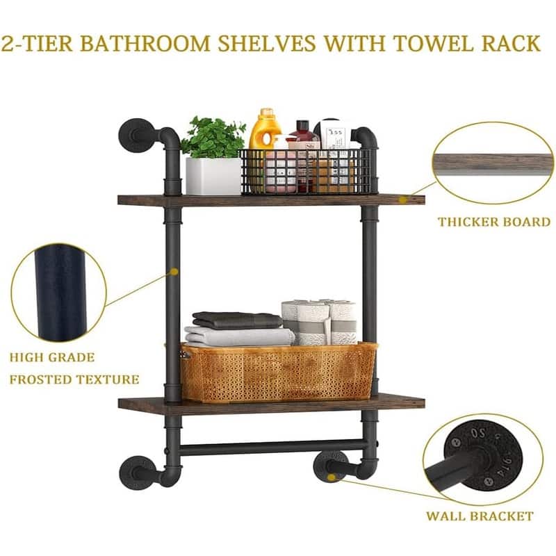 Industrial Pipe Floating Bathroom Shelves Wall Mounted with Towel bar - 7.8"D x 15.7"W x 25.6"H