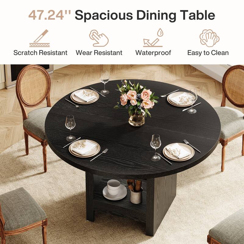 47'' Black Round Dining Table Kitchen Table with 2 Tier Storage Shelf