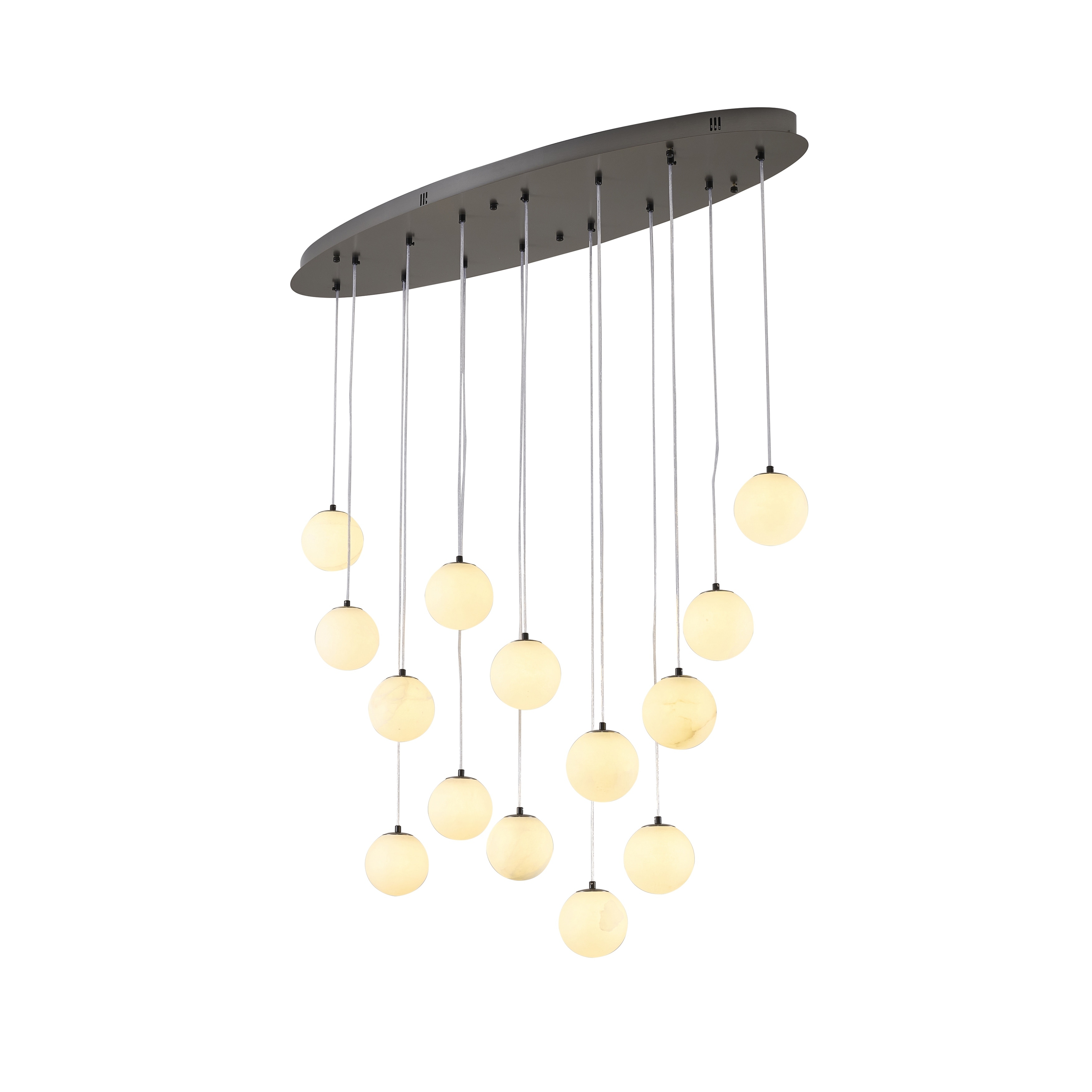Transitional 14-Light Black Stainless Steel Chandelier With Alabaster Pendants