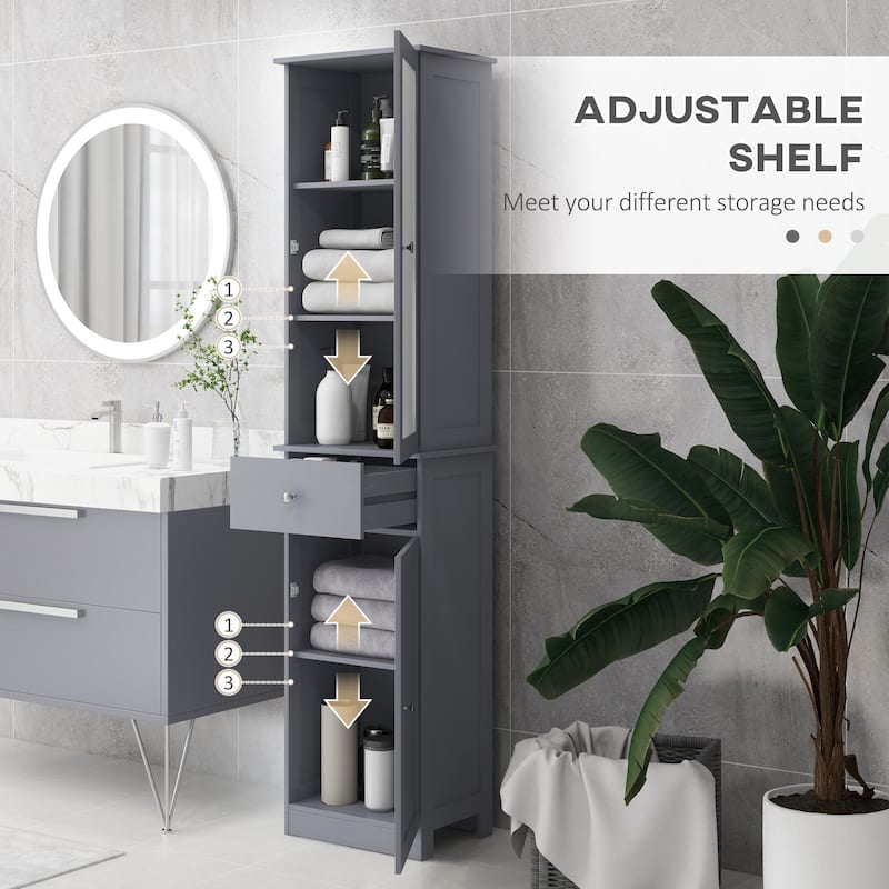 kleankin Slim Bathroom Storage Cabinet, Tall Bathroom Cabinet, Narrow Linen Tower with Acrylic Door, Drawer and Shelves, Gray