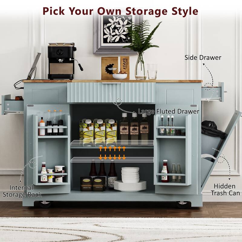 48.50'' Fluted Kitchen Island with Power Outlet, Rolling Wheels, 3 Drawer, 3 Open Side Racks and 10 Gallon Garbage Bin