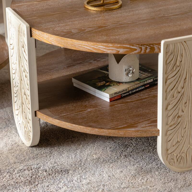 Carved Wooden Coffee Table, Retro End Table With Double-Layer Storage, Small Side Table, Palace Style Bedside Table