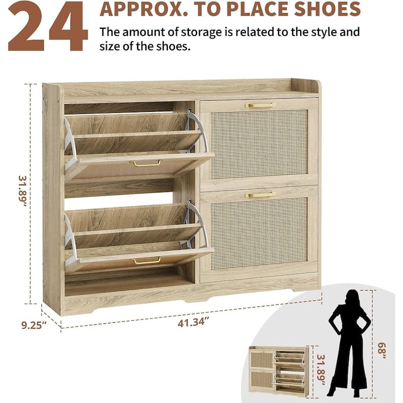 4 Turn Drawers Rattan Entryway Shoe Storage Cabinet, Freestanding Organizer