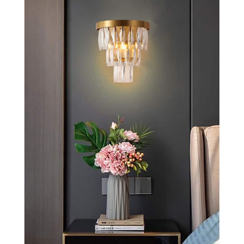 1-Light Satin Brass Wall Sconce With Clear Hanging Crystals