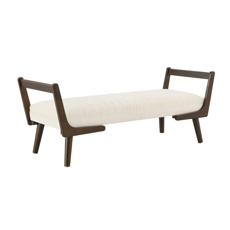 52" Mid Century Bench with Walnut Wood Leg,Channeled Upholstered Footrest Stool for Kitchen, Living Room, Bedroom, Entryway