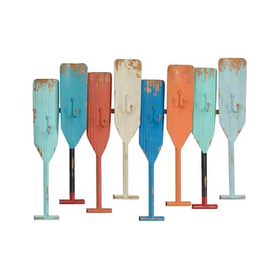 Metal Paddle Indoor Outdoor Distressed Oar Shaped 8 Hanger Wall Hook - Multi Colored - Roche River Decor - 1"W x 26"L x 20"H