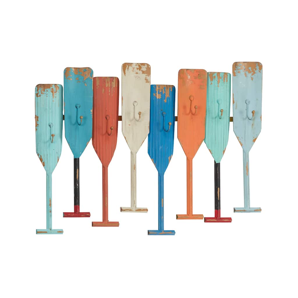 Metal Paddle Indoor Outdoor Distressed Oar Shaped 8 Hanger Wall Hook - Multi Colored - Roche River Decor - 1"W x 26"L x 20"H