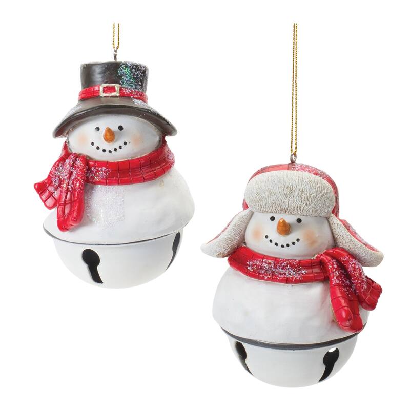 Glittered Snowman with Bell Christmas Ornaments - 4" - Set of 12