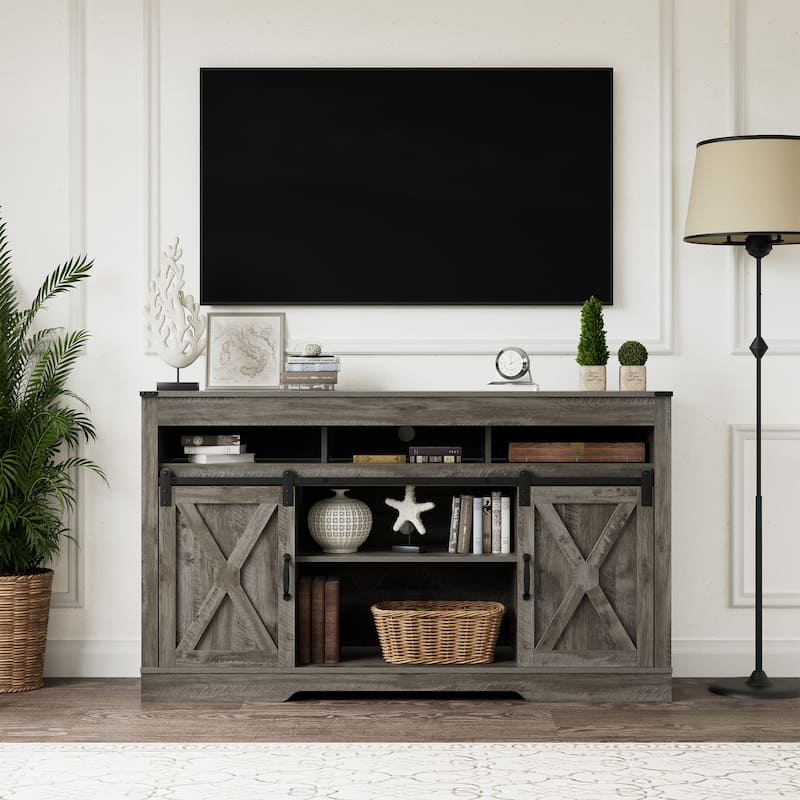 Farmhouse TV Stand for 65 inch TV with Sliding Barn Doors - Grey