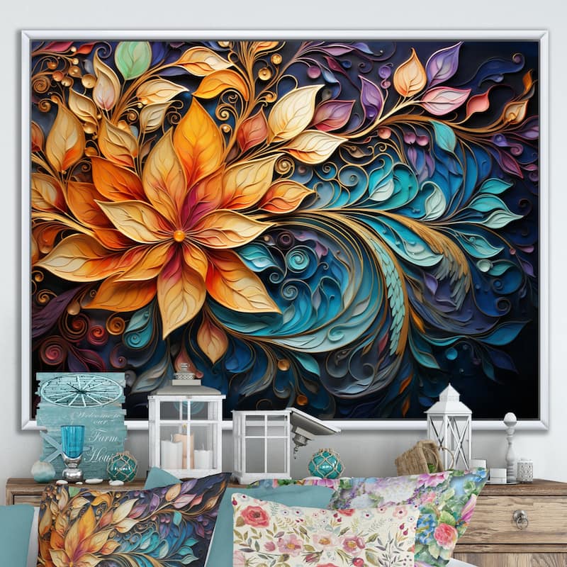 Designart "Colorful Indian Art Mystic Rangoli I" Indian Art Framed Wall Decor - 32 in. wide x 24 in. high - White