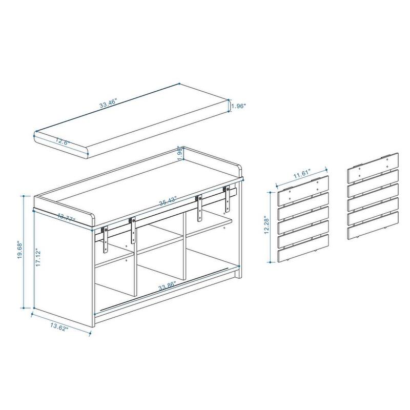 Modern Shoe Storage Bench, 2-Tier Entryway Bench with 2 Sliding Barn Doors & Full Soft Removable Seat Cushion