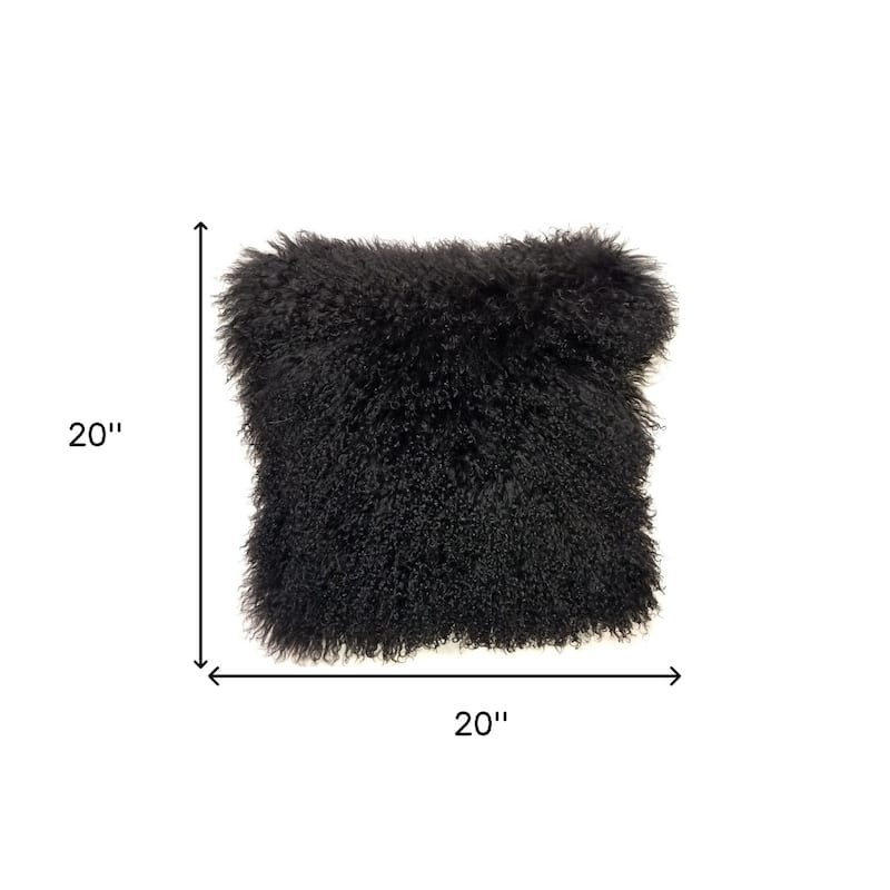 20" Black Genuine Tibetan Lamb Fur Pillow With Microsuede Backing