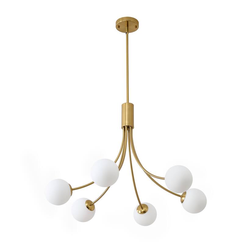 Mid - Century Modern 6 - Light Gold Sputnik Chandelier with White Glass Globes - Brushed Gold