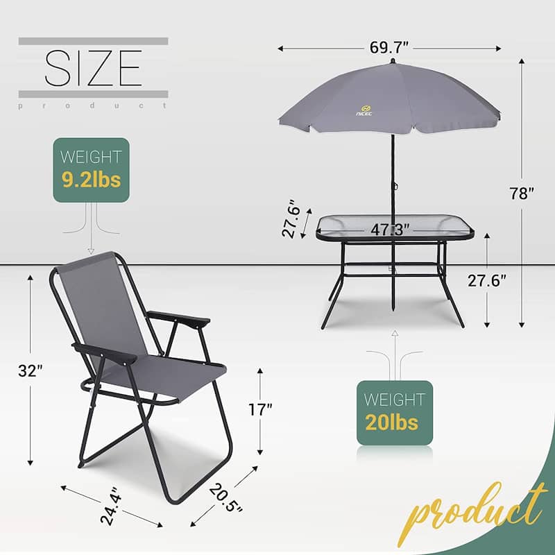 8-Piece Patio Dining Set, Garden Outdoor Table Set with Tilted Removable Umbrella, Glass Table, and 6 Folding Chairs