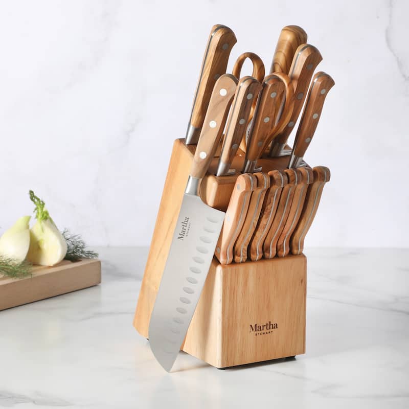 Martha Stewart 15 Piece Austenwood German Stainless Steel Cutlery Knife Block Set W/ Italian Olive Wood Forged Handle