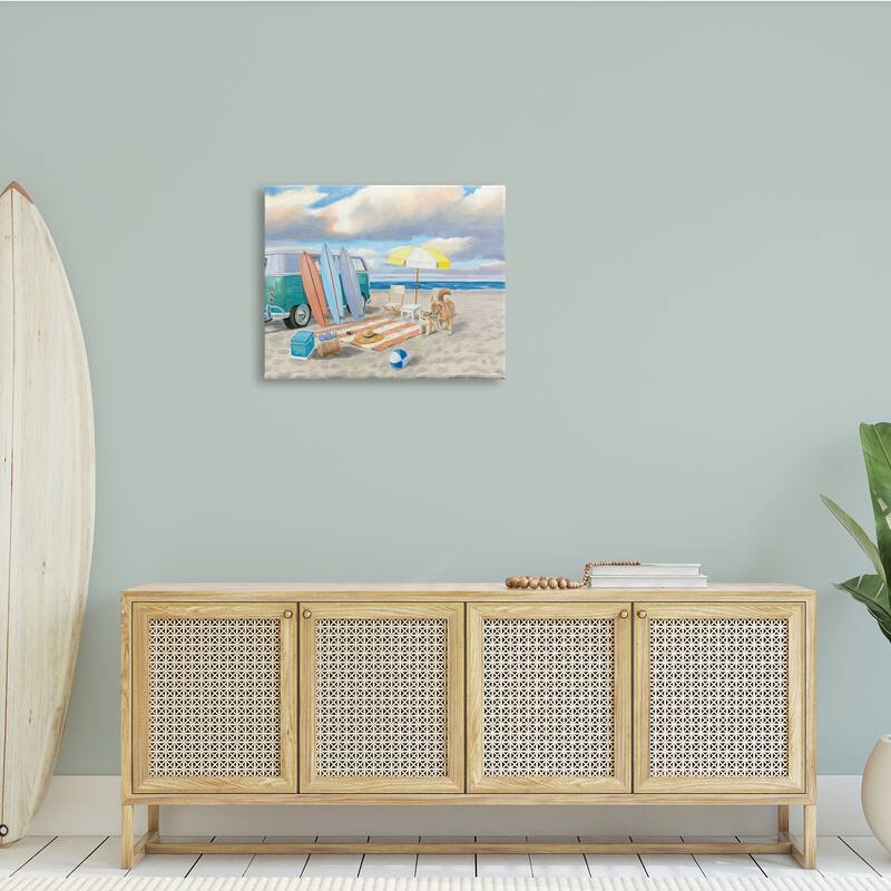 Stupell Summer Beach Scene Retro Van Surfboards Dogs Playing Canvas Wall Art - Blue