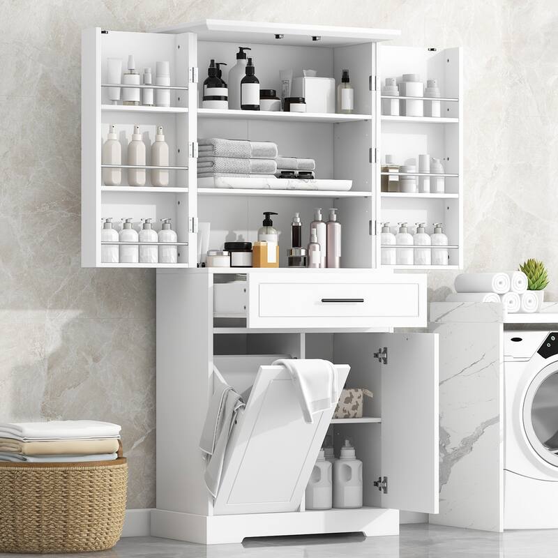 Freestanding Bathroom Storage Cabinet with Doors & Drawers, Tilt-Out Laundry Hamper, Adjustable Shelf, Multiple Storage Spaces