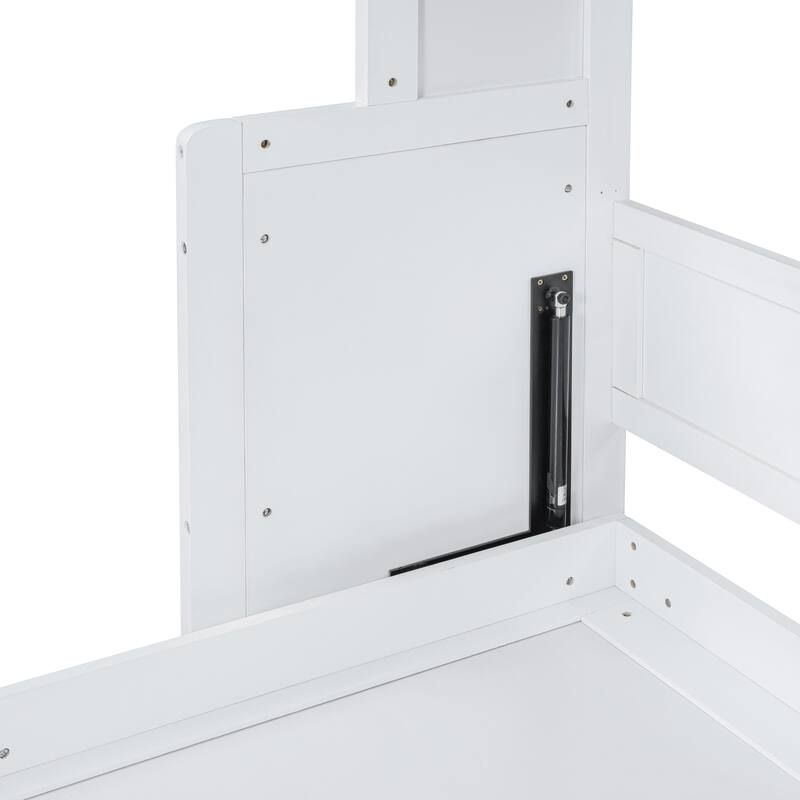 Murphy Bed with Side Wardrobe, Top Cabinet & Storage Drawers, Wall Bed Panel Bed Frame Foldable Into White Cabinet, Full Size