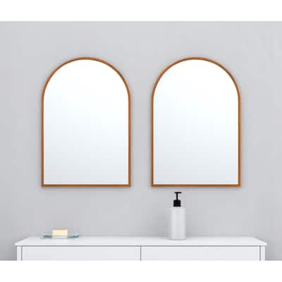 HomeRoots Set of Two Walnut Arch Wood Framed Bathroom Vanity Mirrors - 31.00 in. x 35.00 in. x 0.79 in.
