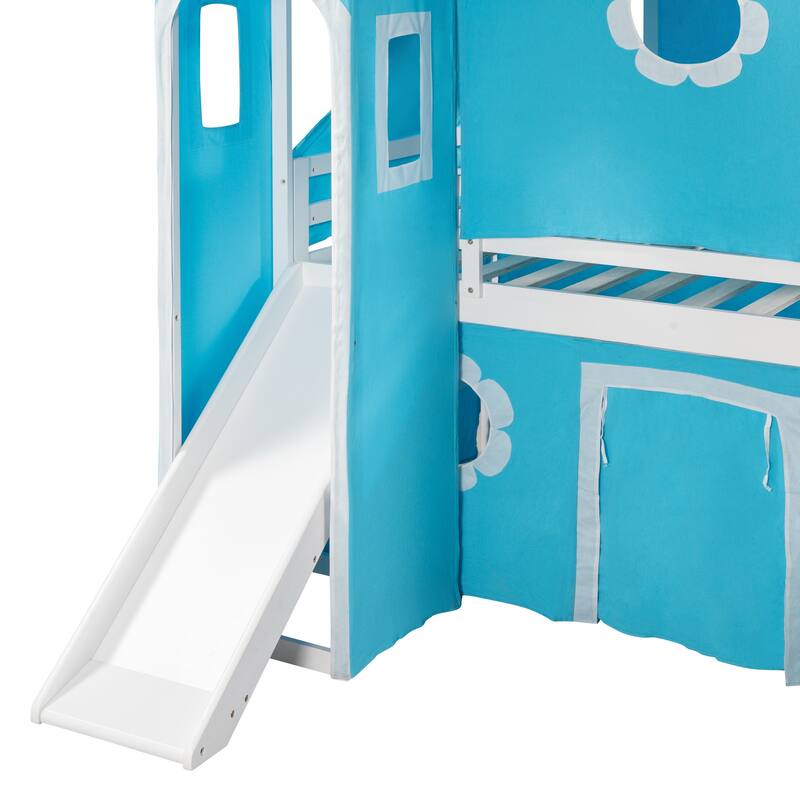 Cute Solid Wood House Loft Bed with Slide, Tent, and Tower for Kids