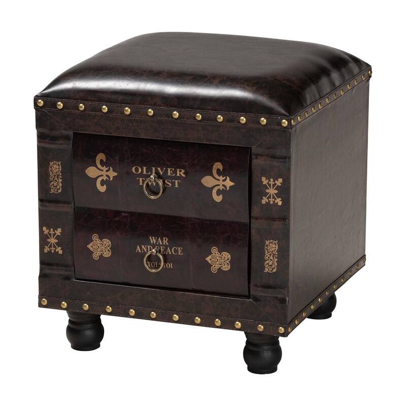 Rustic Dark Brown Faux Leather Storage Ottoman with Book Spine Drawer - Dark Brown - Small
