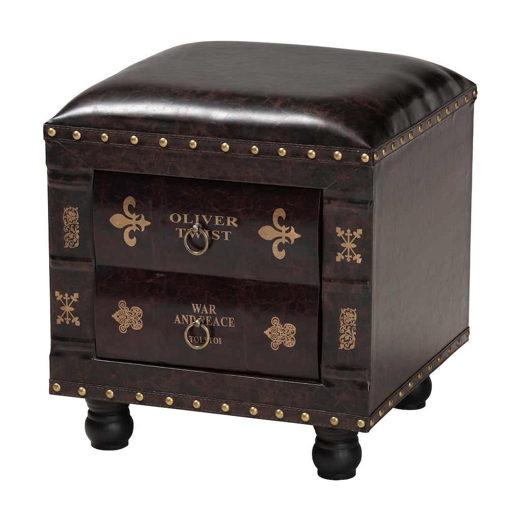Rustic Dark Brown Faux Leather Storage Ottoman with Book Spine Drawer