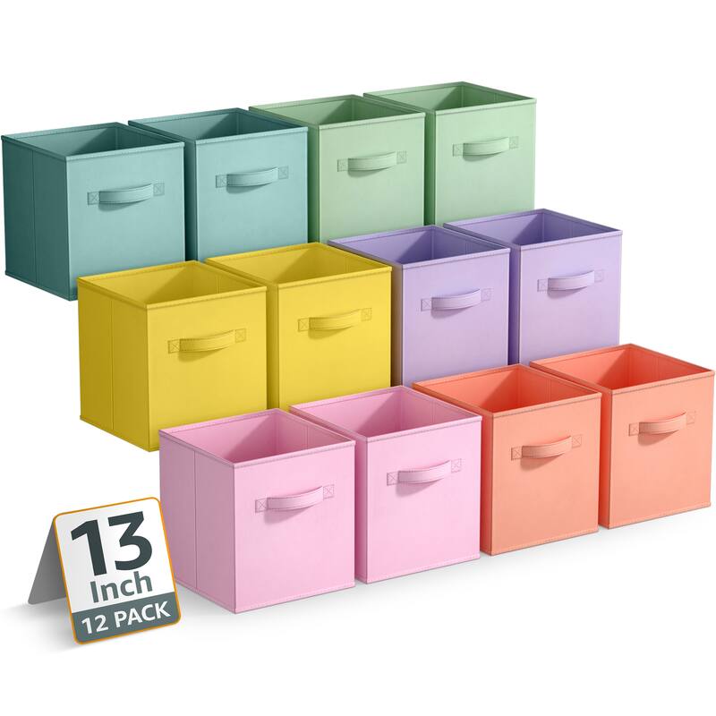 Sorbus Large Storage Bins - Sturdy Fabric Cubes with Handle 12 Pack - 13"L x 13"W x 13"H - Rainbow Pastel