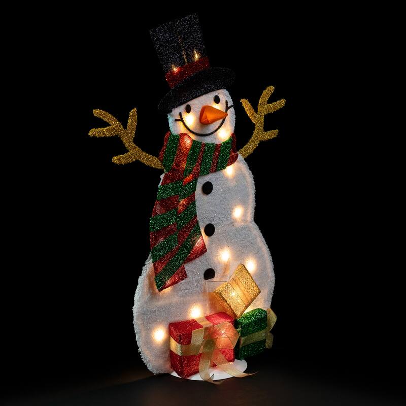 Lighted Smiling Snowman with Gifts Outdoor Christmas Decoration - 31" - Clear Lights - White