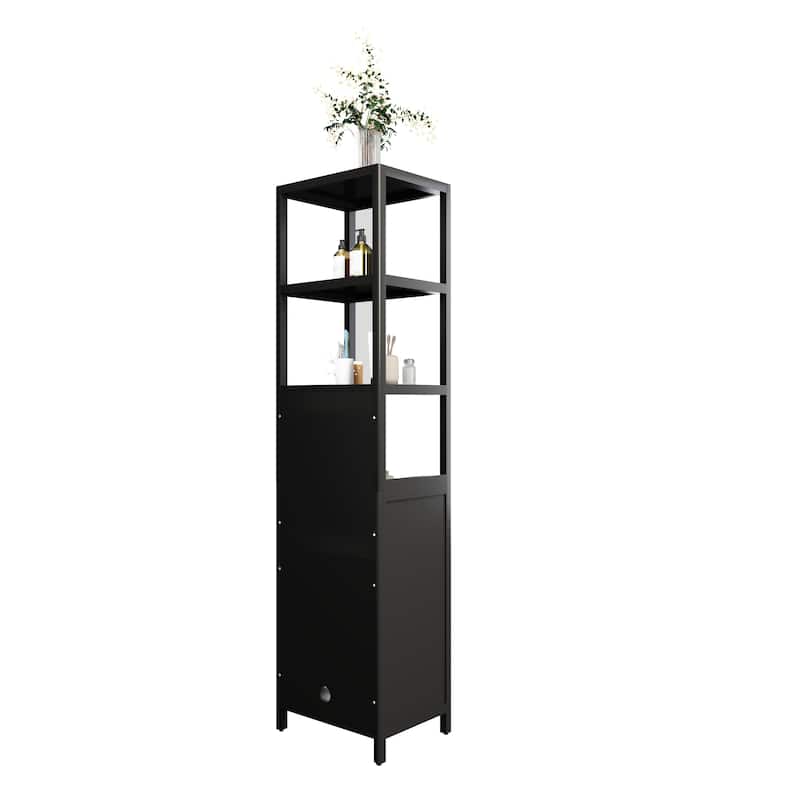 BLACK Storage Tall Slim Cabinet with Shutter Door and 3 Tier Shelves, Freestanding Linen Tower Cabinet for Living Room,
