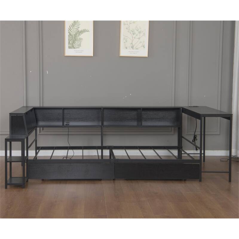 Corner Bed Frame Twin Size with 2 Underbed Storage Drawers, LED Light & Charging Station