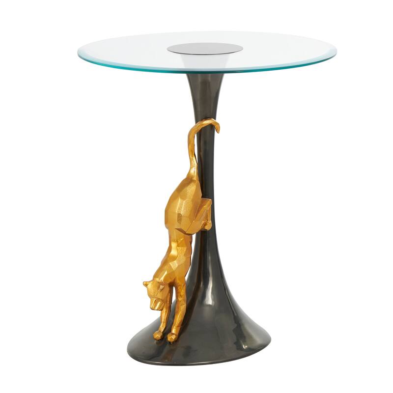 Aluminum Metal Leopard Accent Table with Gold Leopard Accent and Tempered Glass Top - Black - Roche River Decor