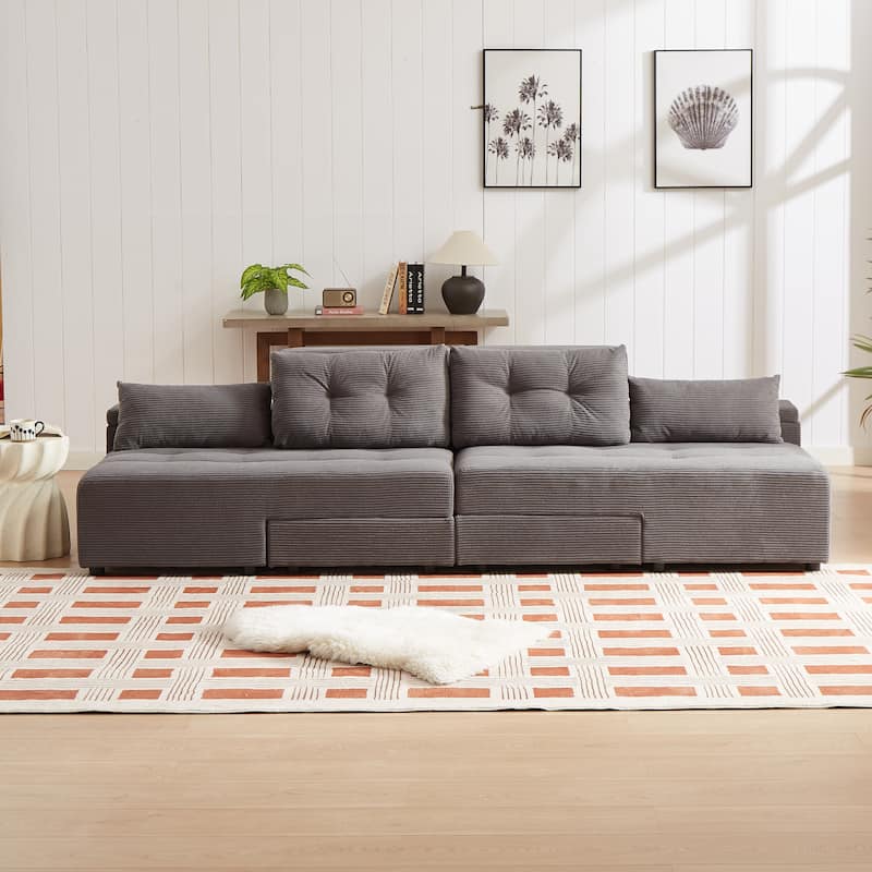 Roomfitters Convertible 3-in-1 Sleeper Sofa Sectional with 4 Storage Compartments and 4 Pillows, Corduroy Couch for Living Room