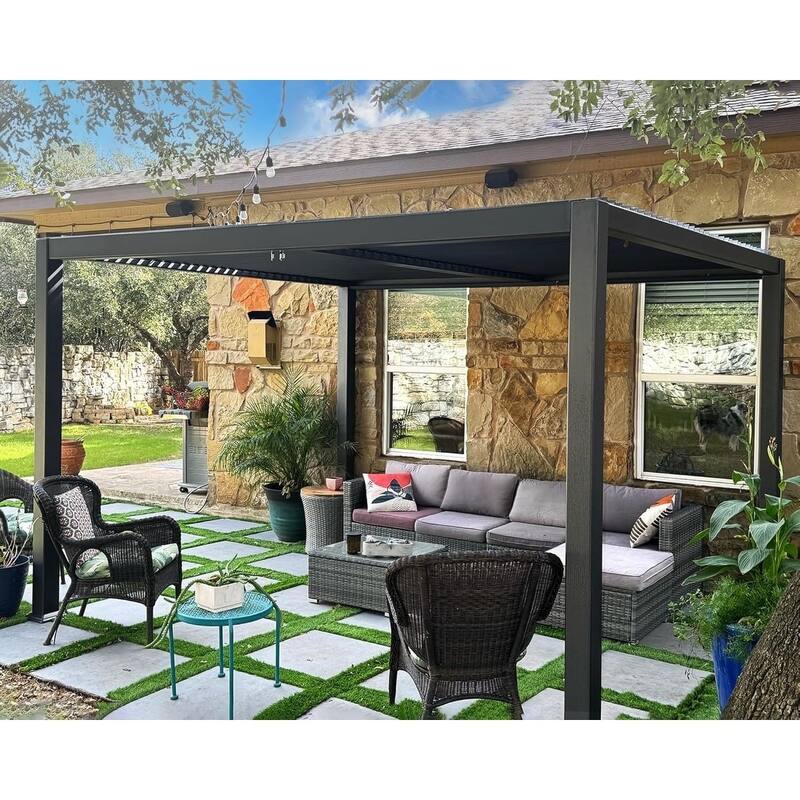 PURPLE LEAF Solar Louvered Pergola with LED String Lights Aluminum Outdoor Pergola with Adjustable Roof for Patio Garden