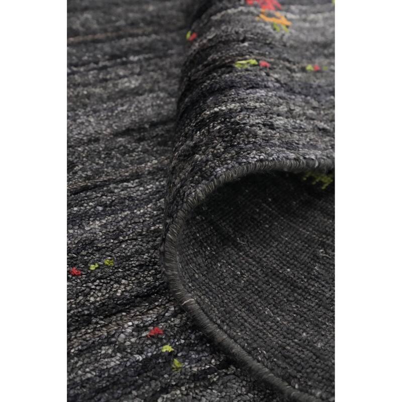 Hand Knotted Oriental Viscose Silk Carpet Tribal Animal Pictorial Greys & Charcoal Gabbeh Runner Rug - 11' 9'' X 4' 1''