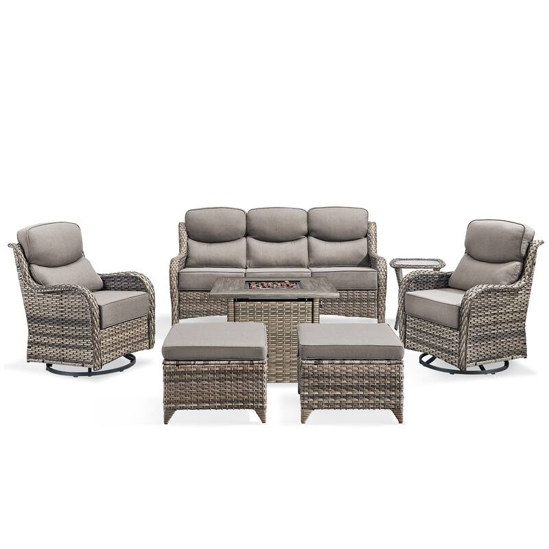 Pocassy Outdoor 6" Sofa Swivel Chair Ottoman with Fire Pit Table