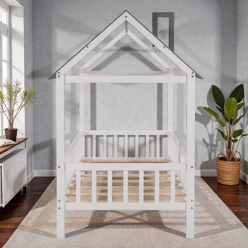 Twin Size Wooden House Bed with Fence, Roof Playhouse Design, Kids Montessori Floor Bed with Safety Rails