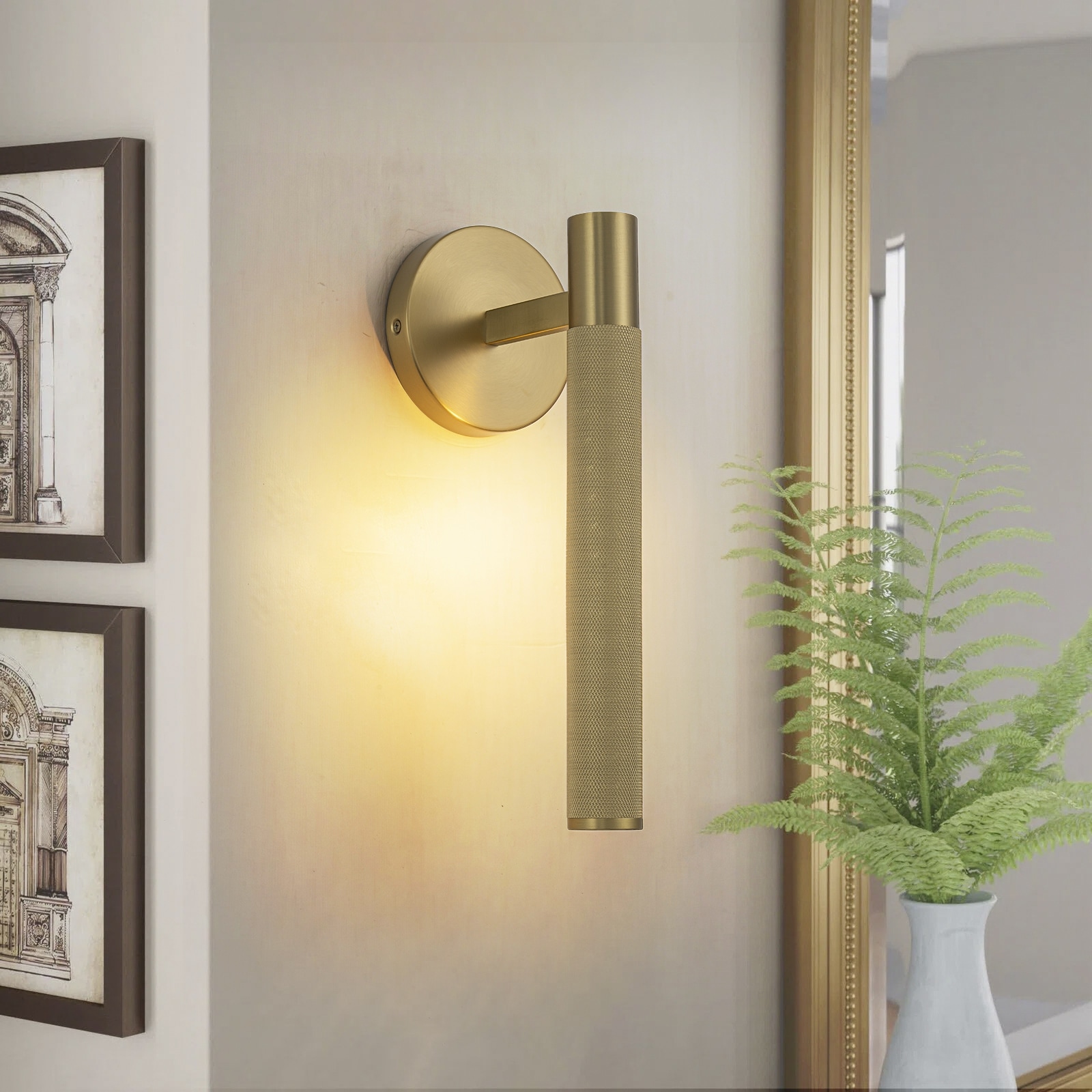 Mid-Century 1-Light Gold Wall Sconce - H13.4" × W4.7" × D5.5"