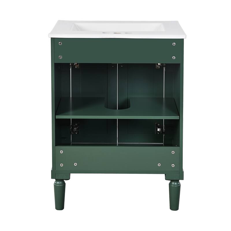 GDFStudio - Halston 2-Tier Modern Bathroom Storage Cabinet with Ceramic Sink and Large Storage Shelves - 24'W