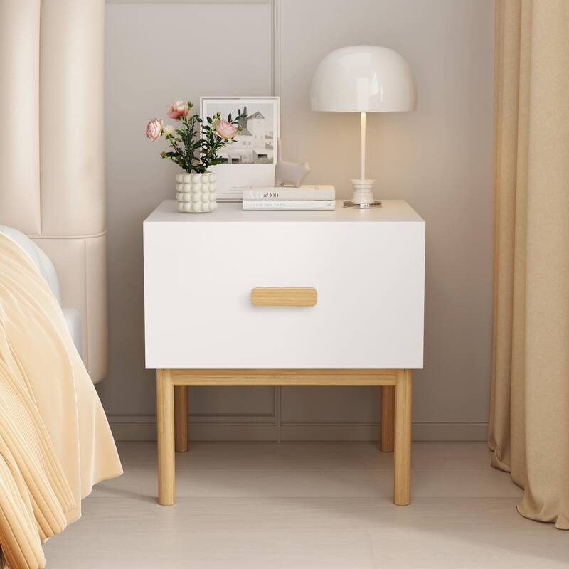 Modern White Nightstand with Drawer and Wood Legs, Minimalist Bedside Table for Bedroom, Living Room, Apartment - White