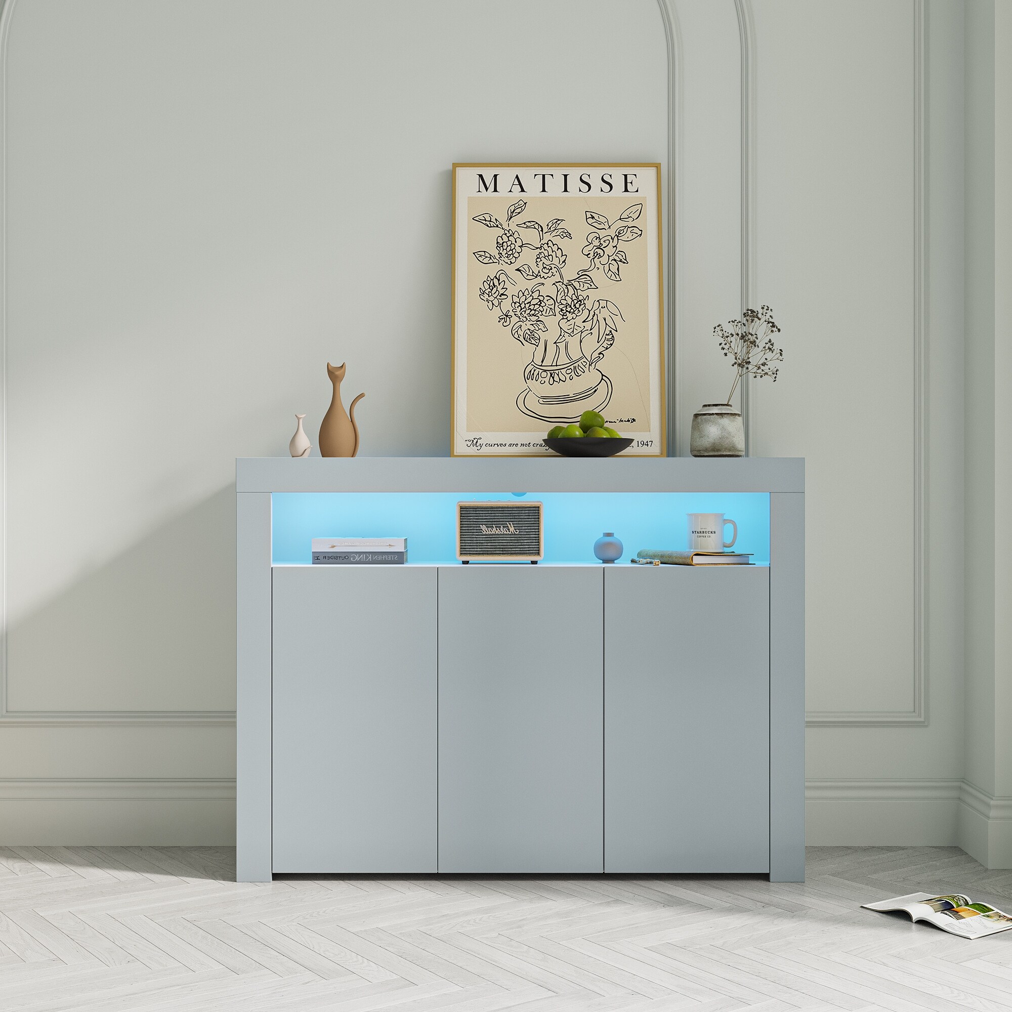 Living Room Sideboard Storage Cabinet Black High Gloss with LED