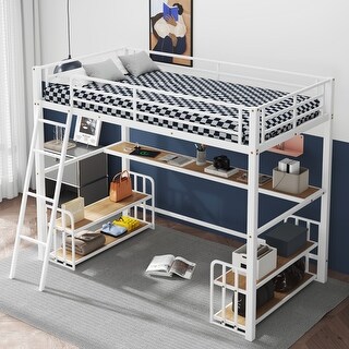 Twin Size Metal Loft Bed with Desk, Storage Shelves and Charging Station, Space-Saving Design for Kids and Teens, White